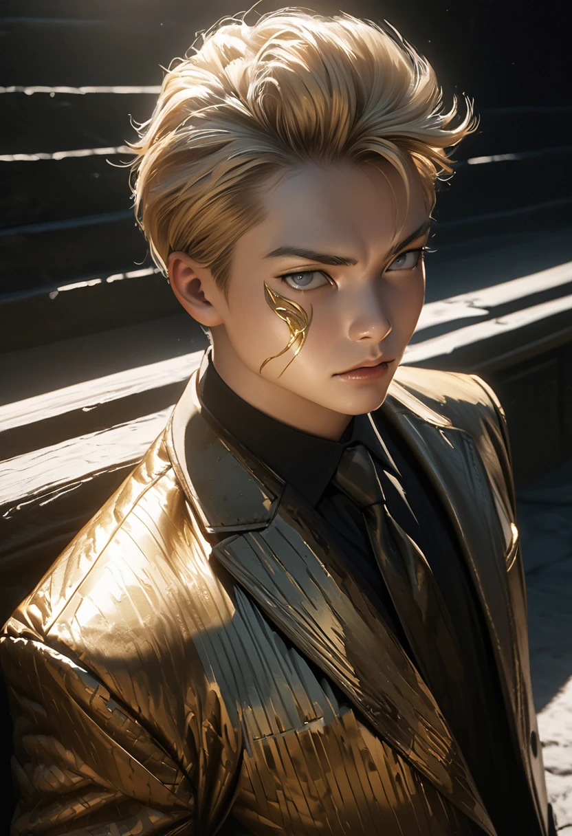 a 17 year old young man, short bleached blond hair, grey eyes, wearing a black and gold suit, detailed facial features, high quality, photorealistic, 8k, extremely detailed, masterpiece, cinematic lighting, dramatic shadows, cinematic pose