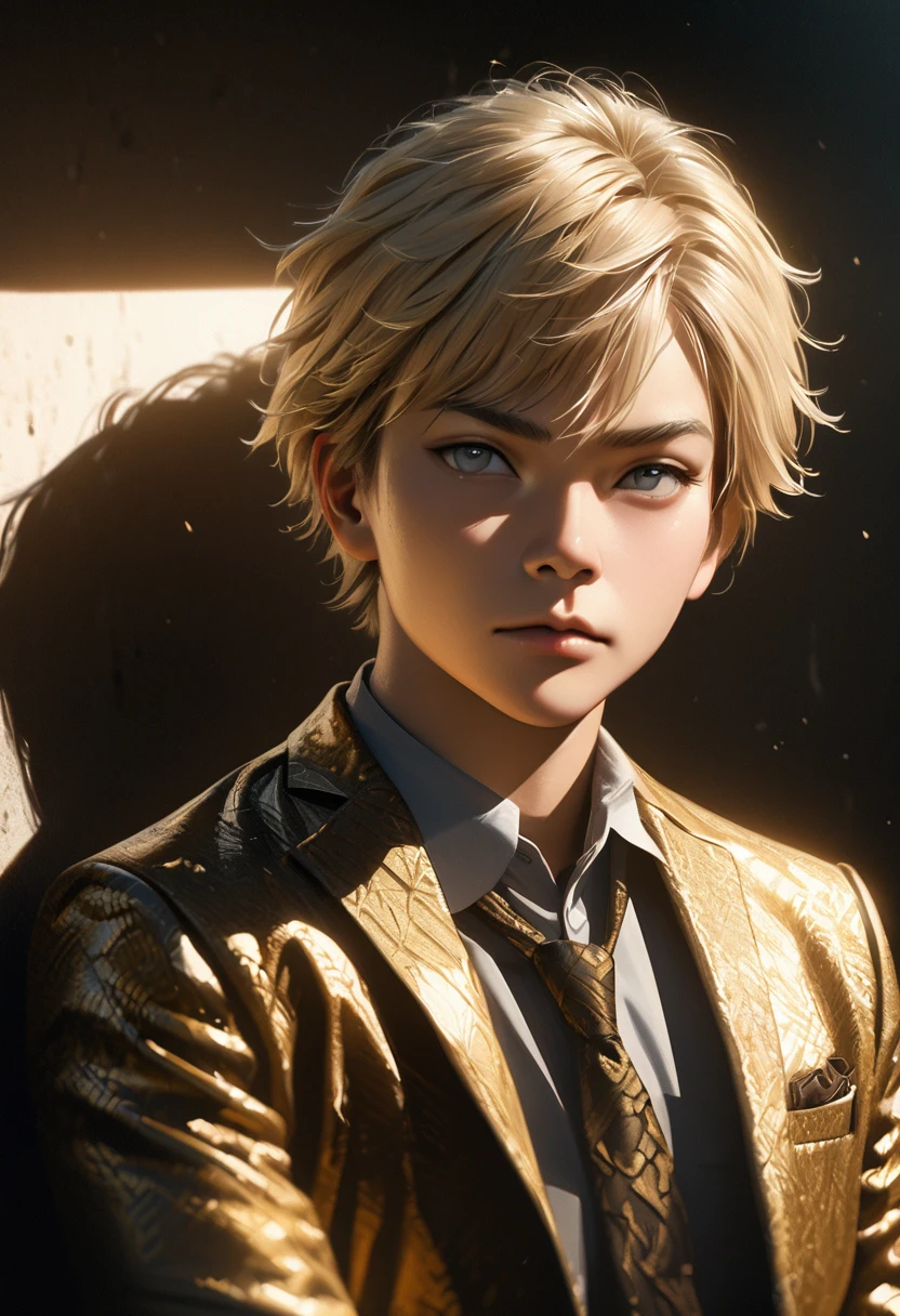 a 17 year old young man, short bleached blond hair, grey eyes, wearing a black and gold suit, detailed facial features, high quality, photorealistic, 8k, extremely detailed, masterpiece, cinematic lighting, dramatic shadows, cinematic pose