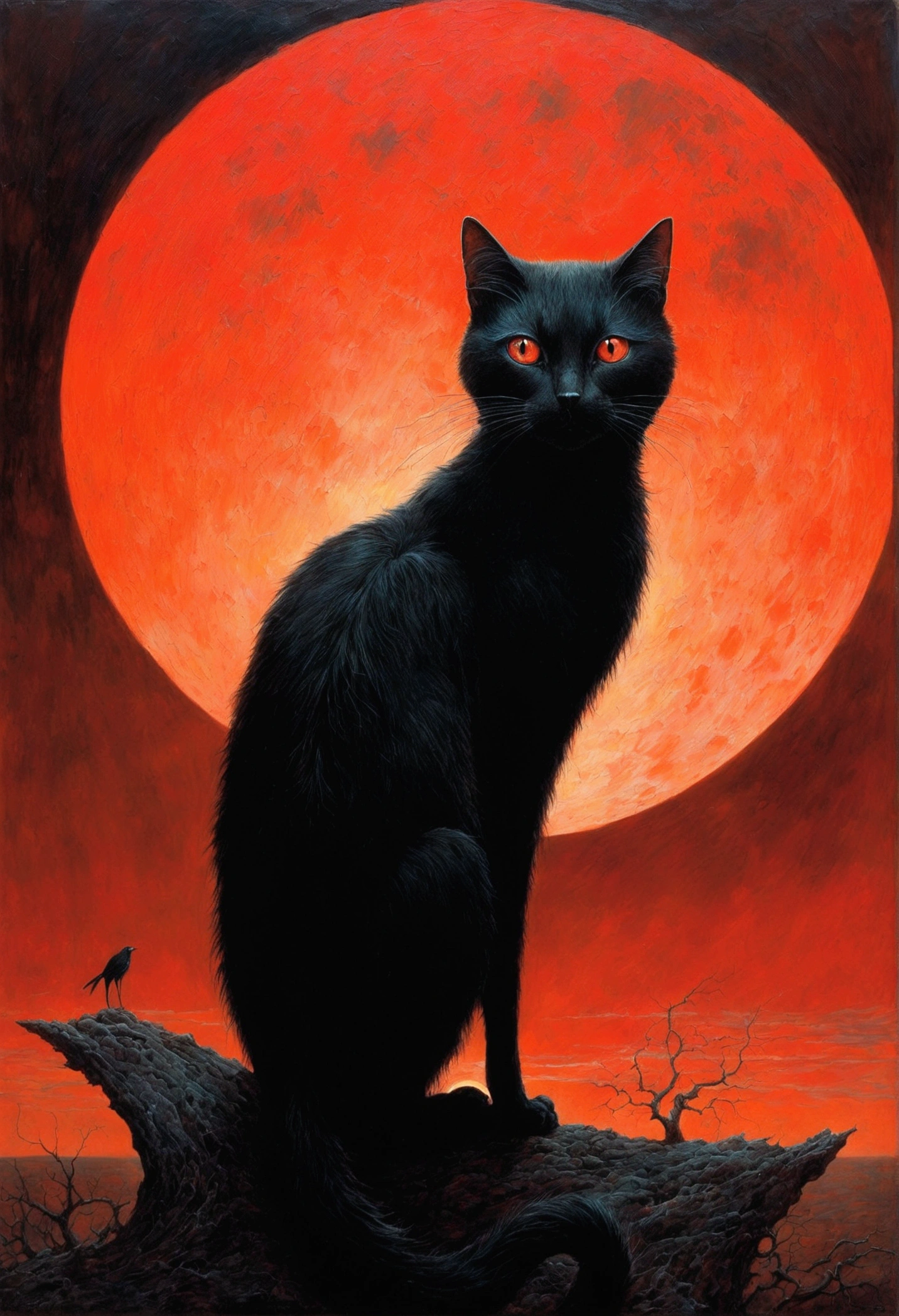 black cat, author:Zdzislaw Beksiński、Big eyes、Red Moon