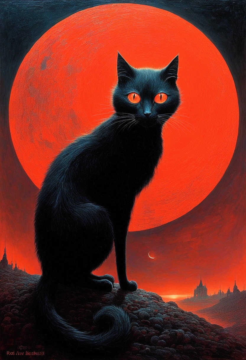 black cat, author：Zdzislaw Beksiński、Big eyes、Red Moon