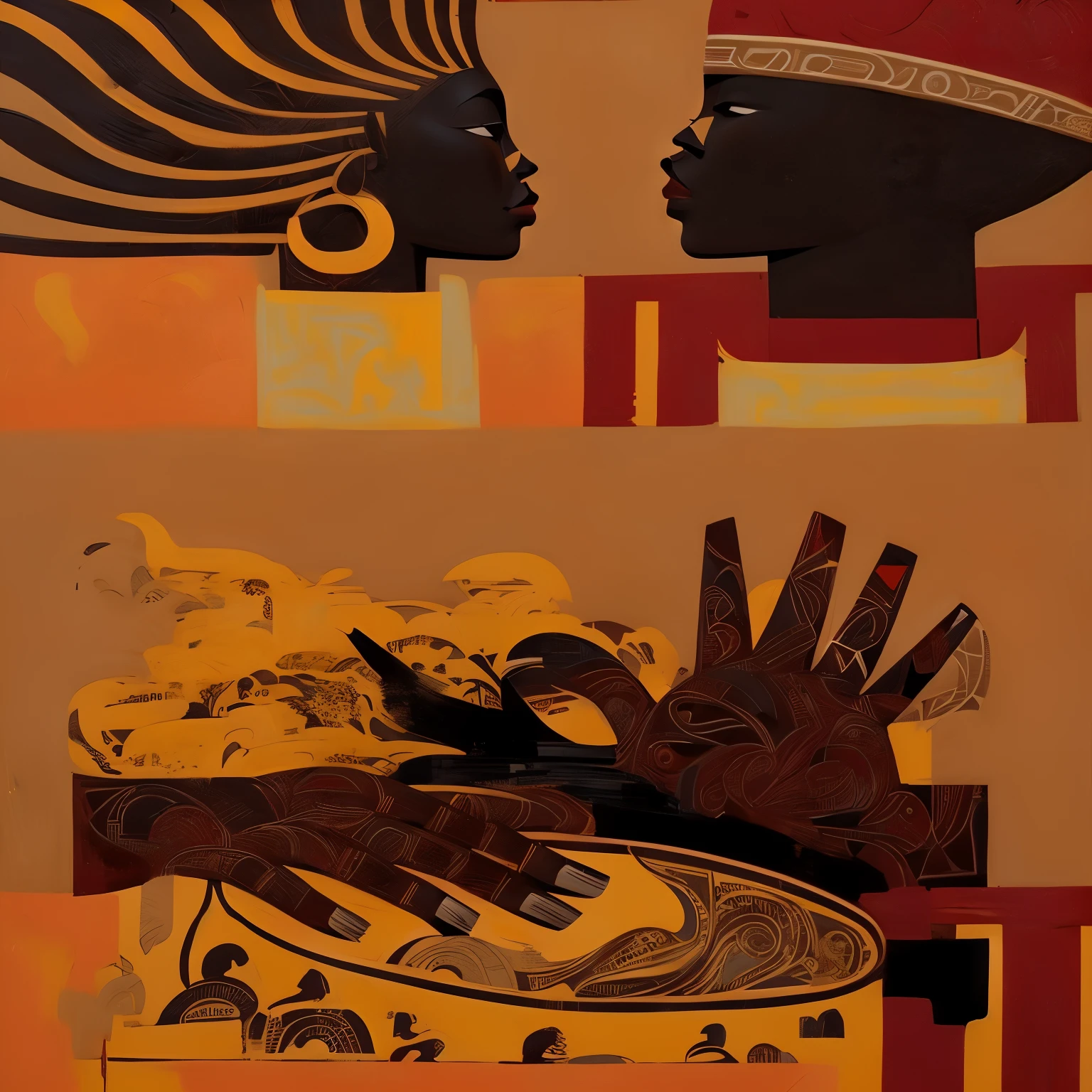 a close up of a painting of a person with a drum, tribal ancient imagery, stylised graphic novel, by Odhise Paskali, illustrative and abstract, by Siona Shimshi, digital illustration, illustrative!!, illustration!, ( ( dark skin ) ), african iconography, african arts magazine, illustration”, by Alice Rahon, african arts