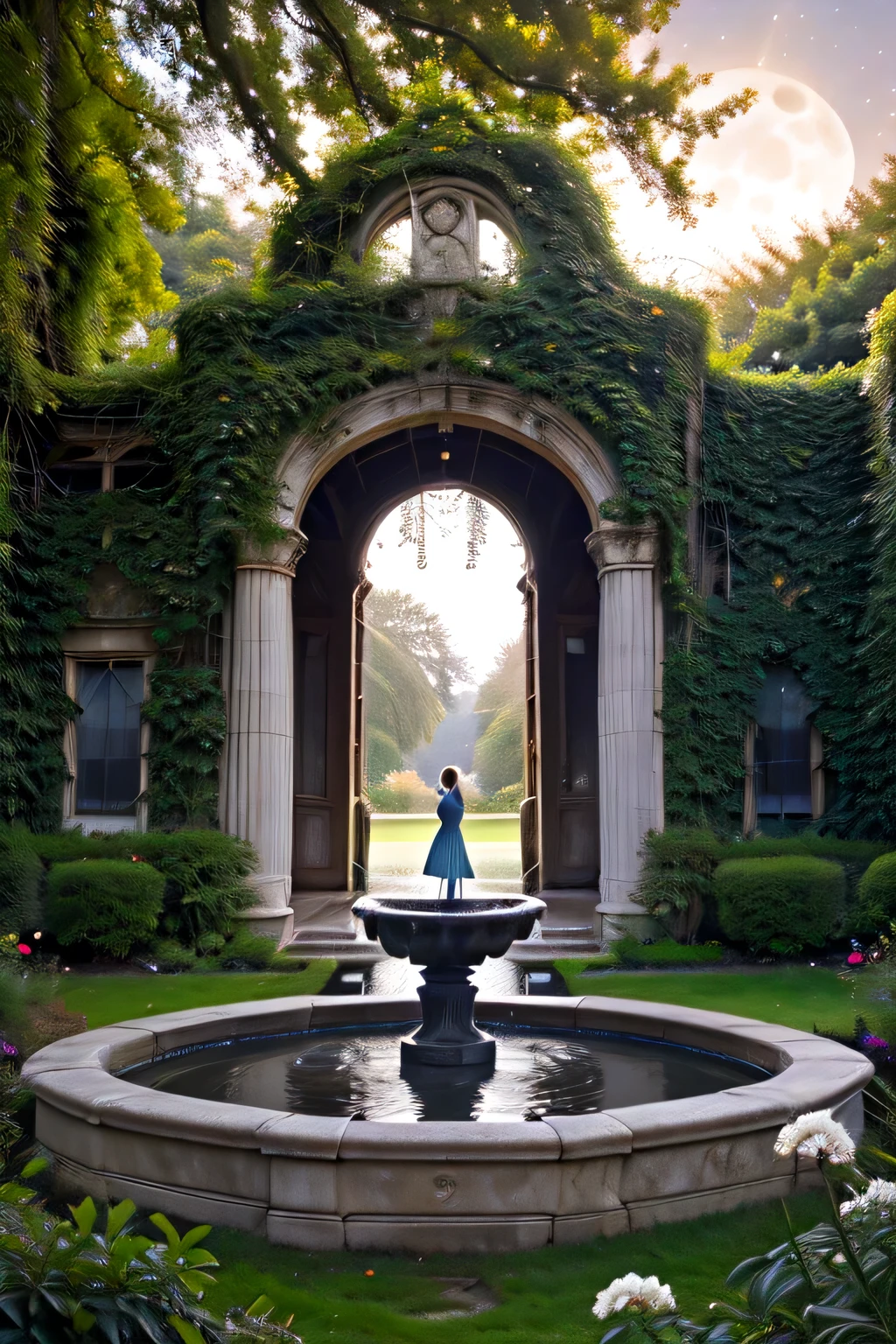 **Title:** Whispers of the Forgotten Garden  
**Author:** Sunny Rawat  
**Prompt for AI Image:**

"Create a romantic, mystical cover for the novel 'Whispers of the Forgotten Garden' by Sunny Rawat. The scene should feature an old, abandoned manor surrounded by an overgrown garden filled with wildflowers and ivy. In the center of the garden, include a marble fountain sparkling under the moonlight. Add an ethereal, ghostly figure of a man with dark, wavy hair and a woman with an artist's sketchbook, standing close to each other. The atmosphere should be magical, with a hint of melancholy, bathed in the soft glow of twilight. Incorporate elements of nature like blooming jasmine and ancient trees to enhance the enchanting setting."