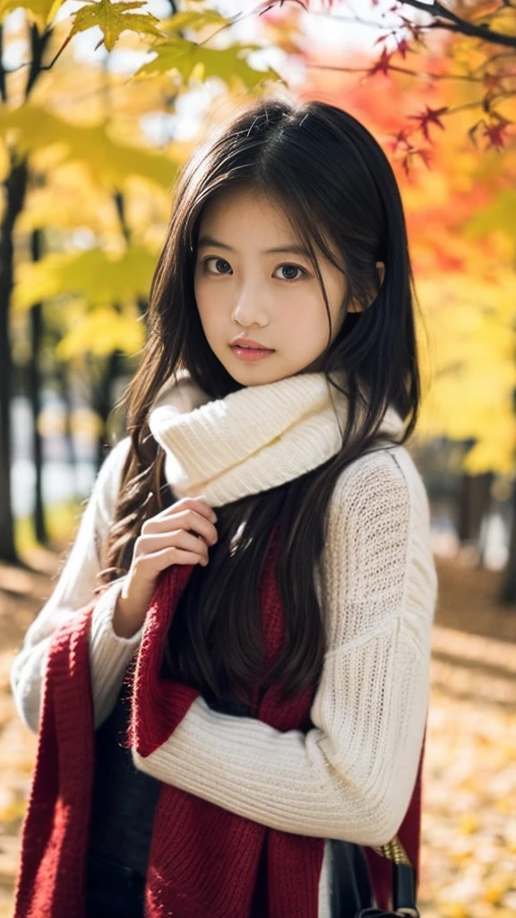 (masterpiece), Highest quality, Very detailed, figure, Warm lighting, Soft lighting, Bright colors, 1 girl, alone,( beautiful girl, Long Hair, blue eyes, ribbon, Brown Hair, Hair between the eyes, hair ribbon, Side Lock, very Long Hair, Messy Hair,) , autumn, Lots of maple trees, maple leaf, Golden Leaf, autumn leaves, Dry leaves, river, Fresh air, peace, Cool breeze , Sweater Weather,( Wear a white or brown sweater, Red scarf, melancholyなautumn, Lost in Thought, melancholy, sad ,Worried, longing,)