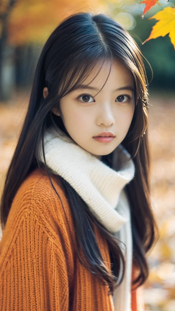 (masterpiece), Highest quality, Very detailed, figure, Warm lighting, Soft lighting, Bright colors, 1 girl, alone,( beautiful girl, Long Hair, blue eyes, ribbon, Brown Hair, Hair between the eyes, hair ribbon, Side Lock, very Long Hair, Messy Hair,) , autumn, Lots of maple trees, maple leaf, Golden Leaf, autumn leaves, Dry leaves, river, Fresh air, peace, Cool breeze , Sweater Weather,( Wear a white or brown sweater, Red scarf, melancholyなautumn, Lost in Thought, melancholy, sad ,Worried, longing,)