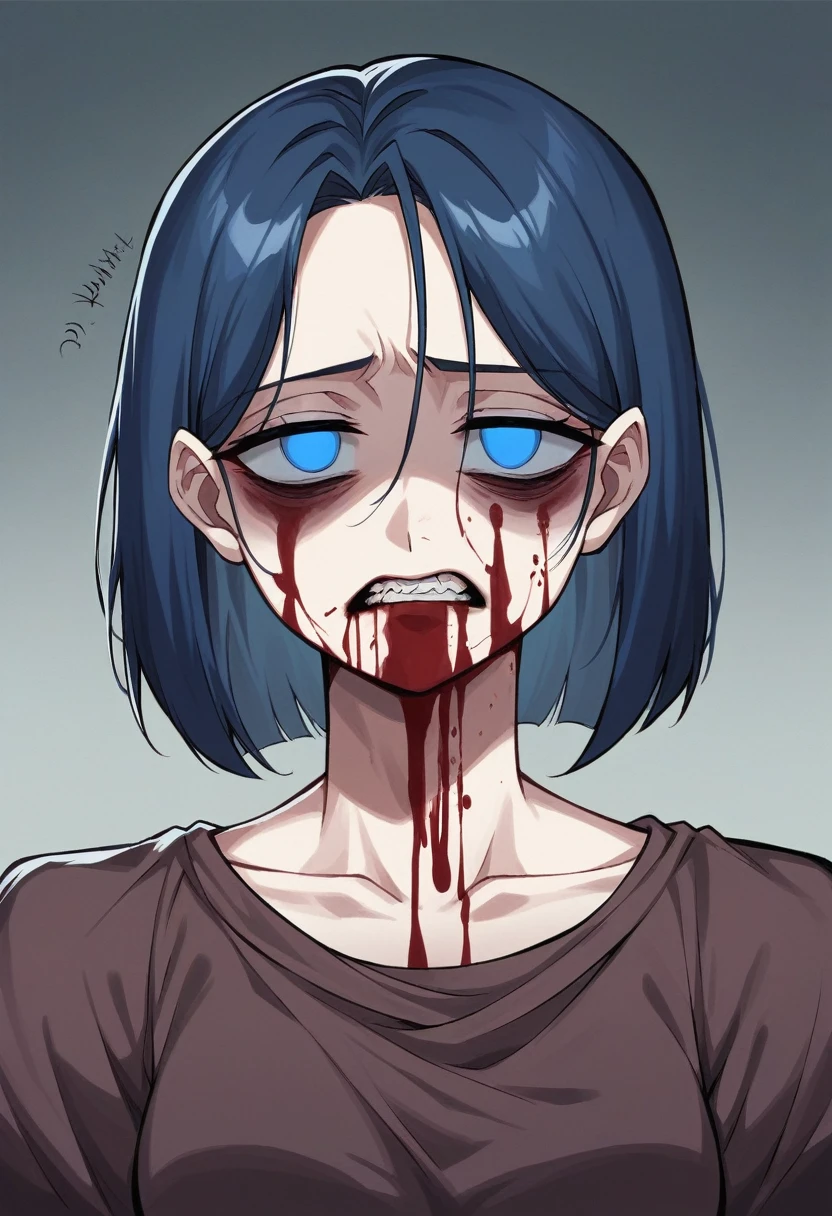 City background, female, tired, metroidvania, scary, wolfcut. hair, tired, bloody, without a pyscothic girlfriend energy,, blood between teeth. 8k, beautiful image. bloody knife in hand. upper body. dead blank eyes. blood everywhere. asian, blue eyes, dark metrdovania style, blood all over the charcaters face. drenched in bodliy fluid.