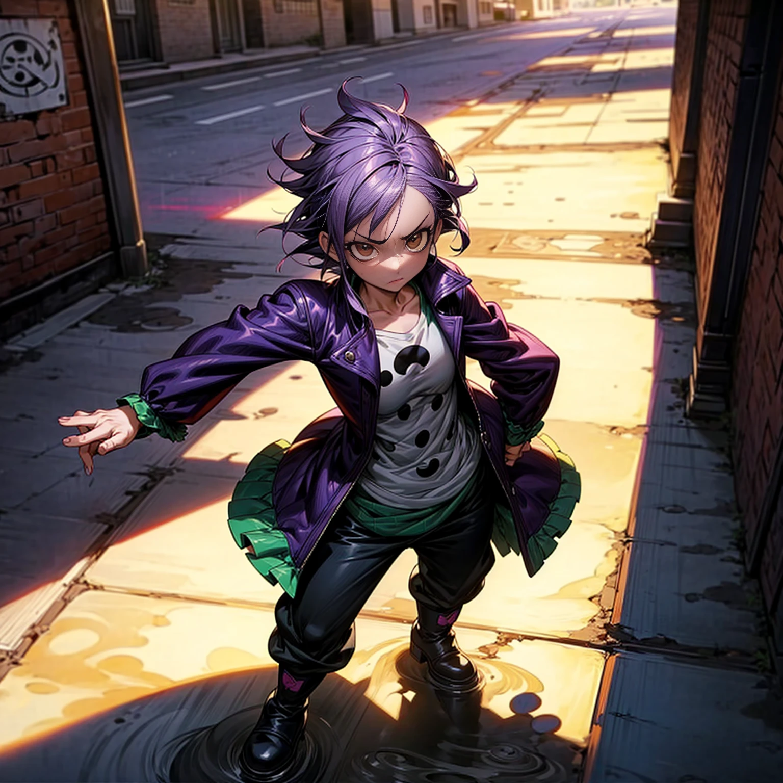 1character, full body version, character is  version, hazel eyes, dark purple colour hair, Shaggy hairstyle, clothing style is punk, boots, Grassroots background in city, motion blur, shadow, standing gesture, (one piece style art), Puddle 