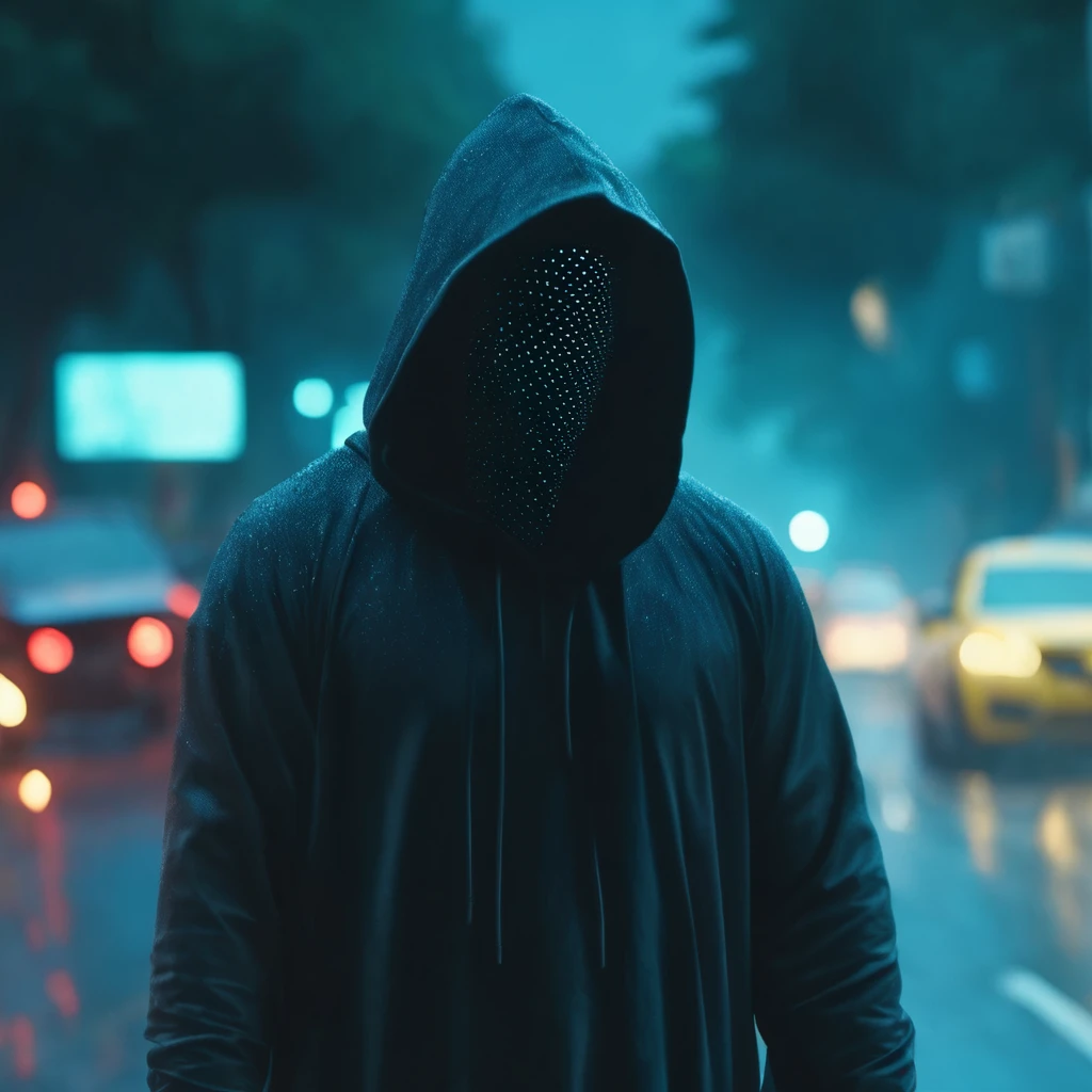 "cinematic still, medium shot on ARRI Alexa 35, a hooded figure using chaos magic, low-key color grading, hyper-realistic pop, busy road, indian 2024