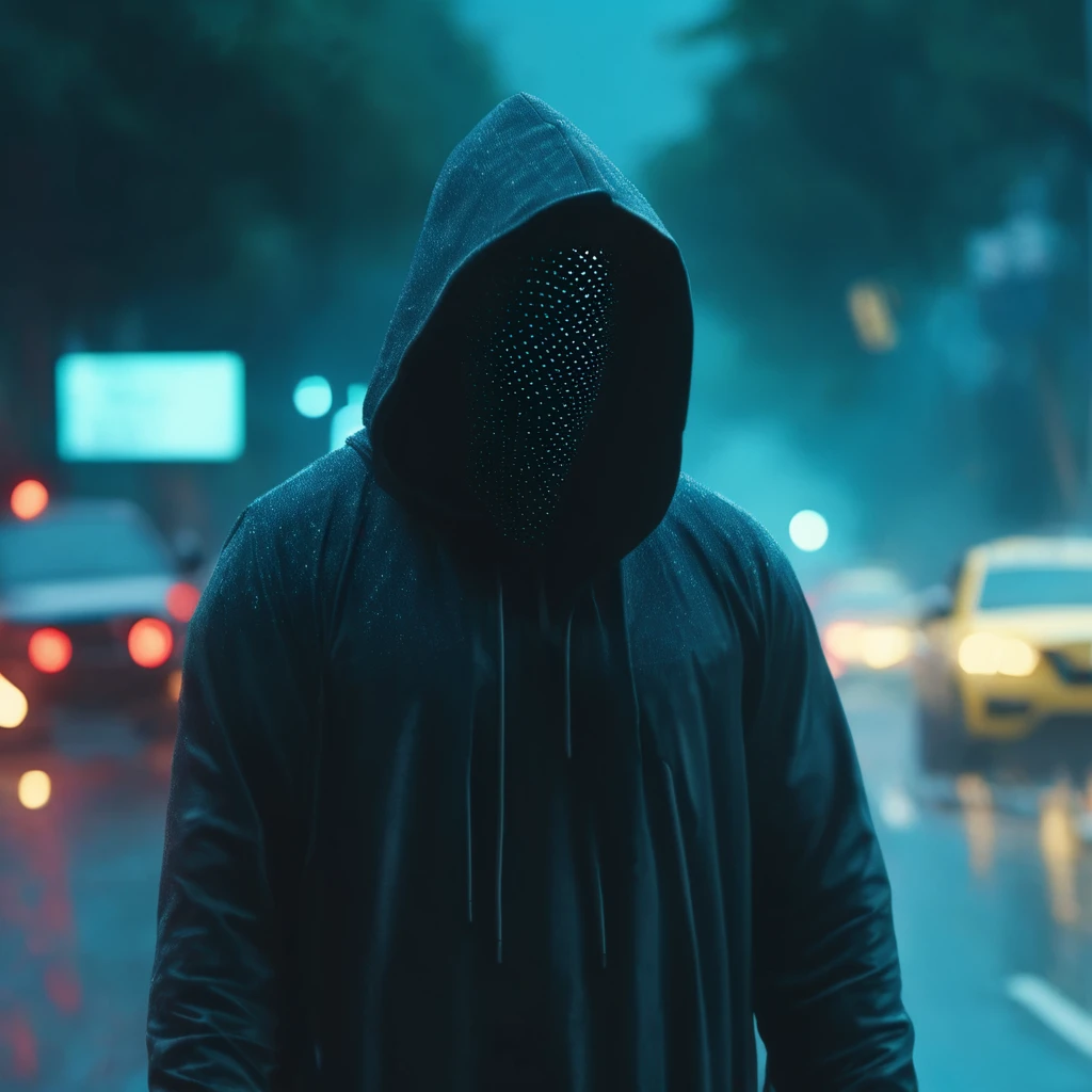 "cinematic still, medium shot on ARRI Alexa 35, a hooded figure using chaos magic, low-key color grading, hyper-realistic pop, busy road, indian 2024