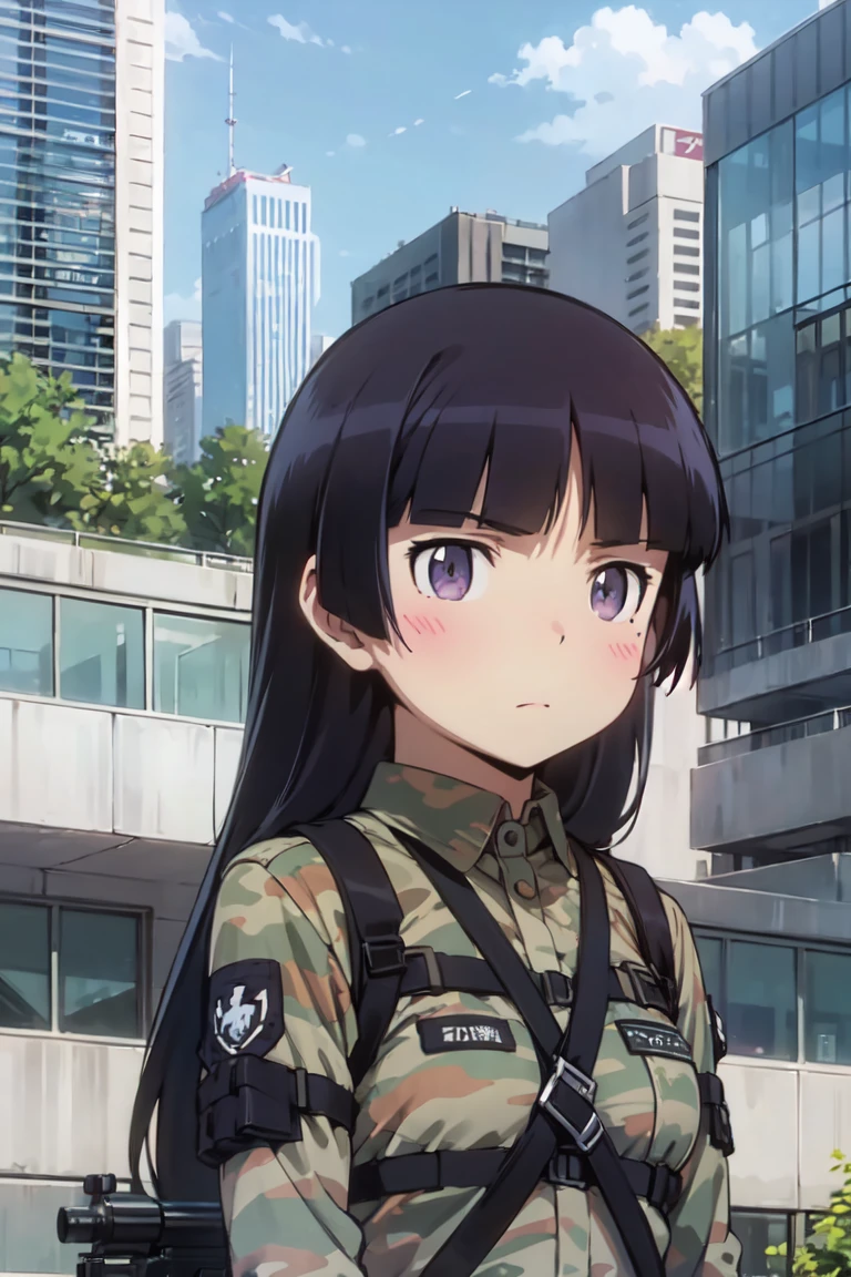 ruri gokou, (Ultra-high resolution), (masterpiece), (Attention to detail), (high quality), (最high quality) , 1 girl, alone, Hime cut, Long Hair, ((Sniper)), A female sniper kneels on the roof of a skyscraper.、Sniperライフルを構えている。Wearing tactical gear and urban camo camouflage、wearing goggles。The city skyline is in the background.、Her serious expression stands out。