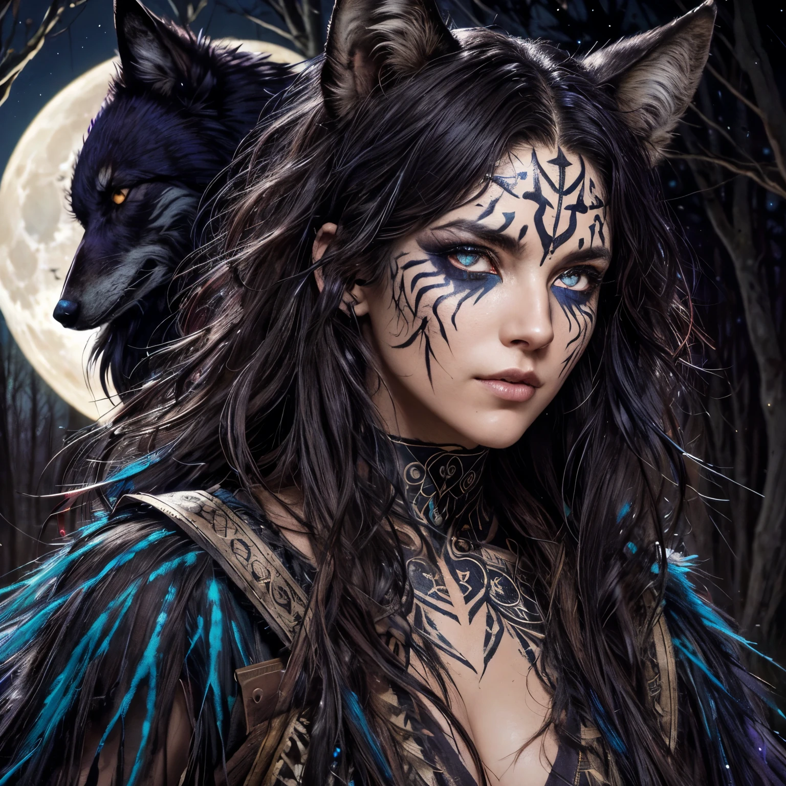 ncient Greek huntress Commanding a wolf pack and ravens, Messy feral hair, glowing wild eyes with glowing face paint. Moonlit forest background. Deep, rich colors and intricate details. Carne Griffiths and Charles Vess