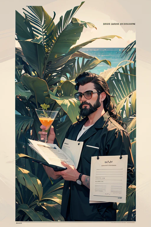 Style victorien vintage　Accurate Sketch of a tropical bar menu, (((professional menu design))), (best quality:1.2), (detailed:1.2), (4k, high resolution), (masterpiece:1.2), ultra-detailed, (realistic, photo-realistic:1.37), A4 format, 4 pages layout, "Green Bar" neon sign title, crocodile silhouette watermark, palm tree silhouettes, wavy line dividers, cat icons as bullet points, cocktail section with palm leaf frames, "420" section with subtle symbols, sand texture background, (beach resort atmosphere:1.1), [color], black and white sketch, clean lines, simple sans-serif font, clear layout design, modern tropical style, (menu structure:1.2), price alignment, contact information footer, social media icons, QR code on last page, bearded owner caricature, (readability:1.3), balanced composition
