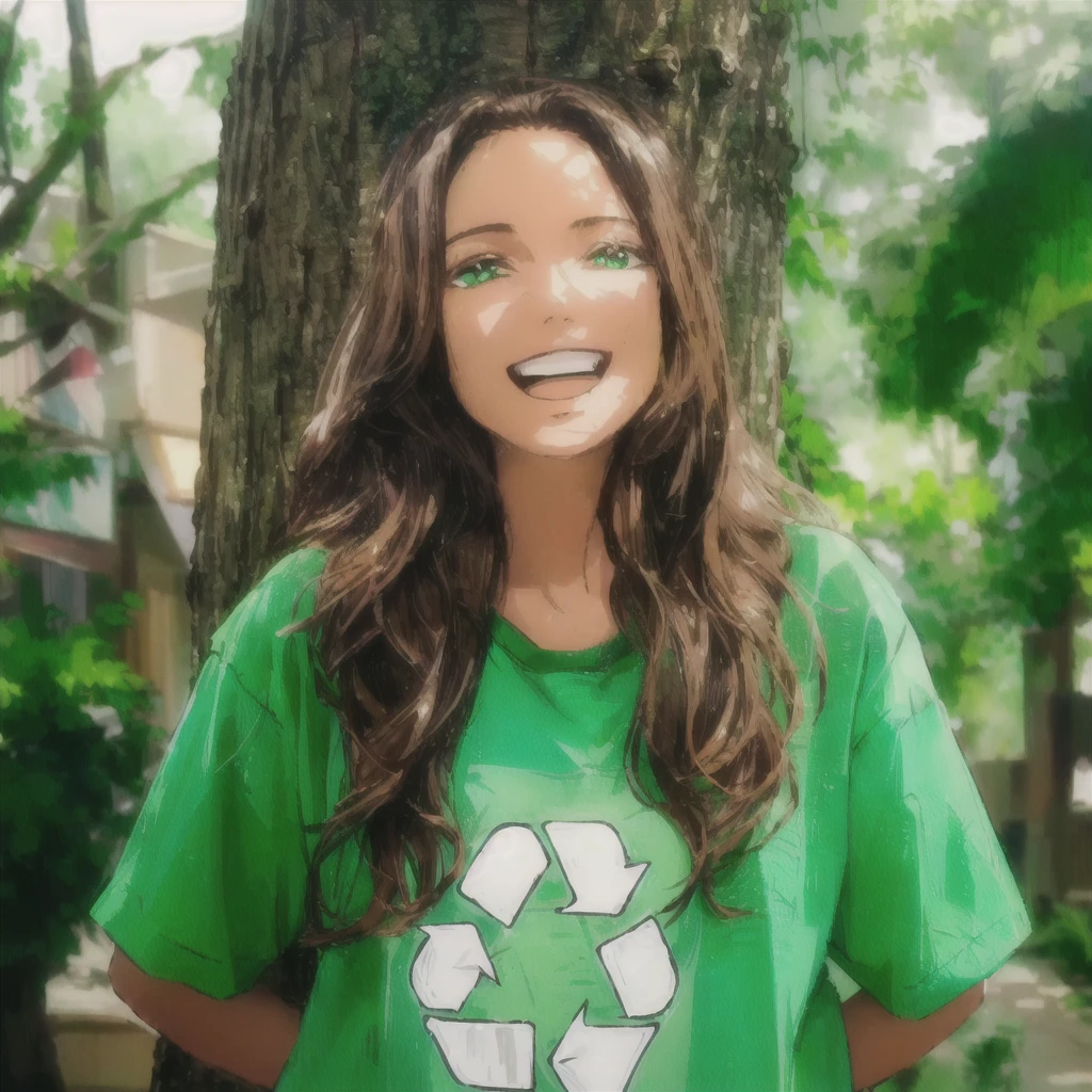 arafed woman in green shirt standing next to a tree with a recycle sign on it, green clothing, green clothing, green shirt, wearing green clothing, retrato environmental, environmental, isabela moner, sustainability, recycled, environmental portrait, sustainable, print ready, avatar image, friendly ambiance, casual green clothing, cara verde, Kizi