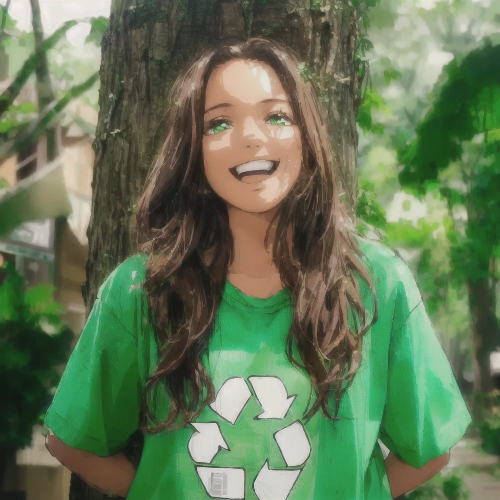arafed woman in green shirt standing next to a tree with a recycle sign on it, green clothing, green clothing, green shirt, wearing green clothing, retrato environmental, environmental, isabela moner, sustainability, recycled, environmental portrait, sustainable, print ready, avatar image, friendly ambiance, casual green clothing, cara verde, Kizi