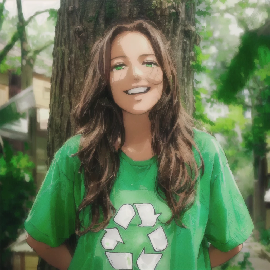 arafed woman in green shirt standing next to a tree with a recycle sign on it, green clothing, green clothing, green shirt, wearing green clothing, retrato environmental, environmental, isabela moner, sustainability, recycled, environmental portrait, sustainable, print ready, avatar image, friendly ambiance, casual green clothing, cara verde, Kizi