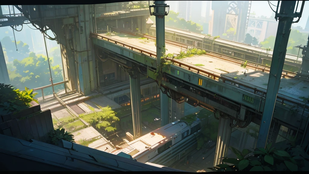 a large abandoned futuristic train station interior, overgrown with lush plants, view from above, canary bird, highly detailed, intricate architecture, warm lighting, cinematic, epic scale, photorealistic, 8k, masterpiece