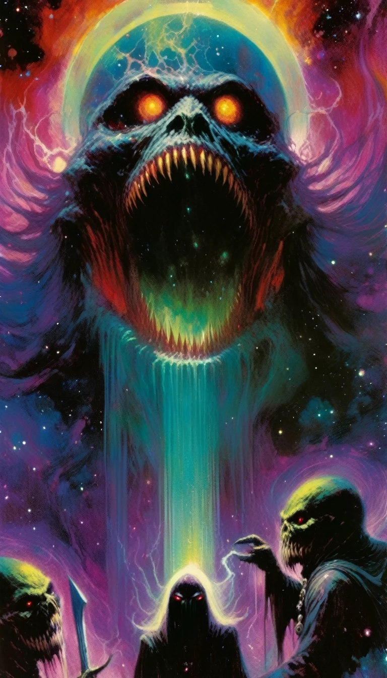 evil incarnate, cosmic horror, tarot card style,(art inspired by Bill Sienkiewicz). oil painting)
