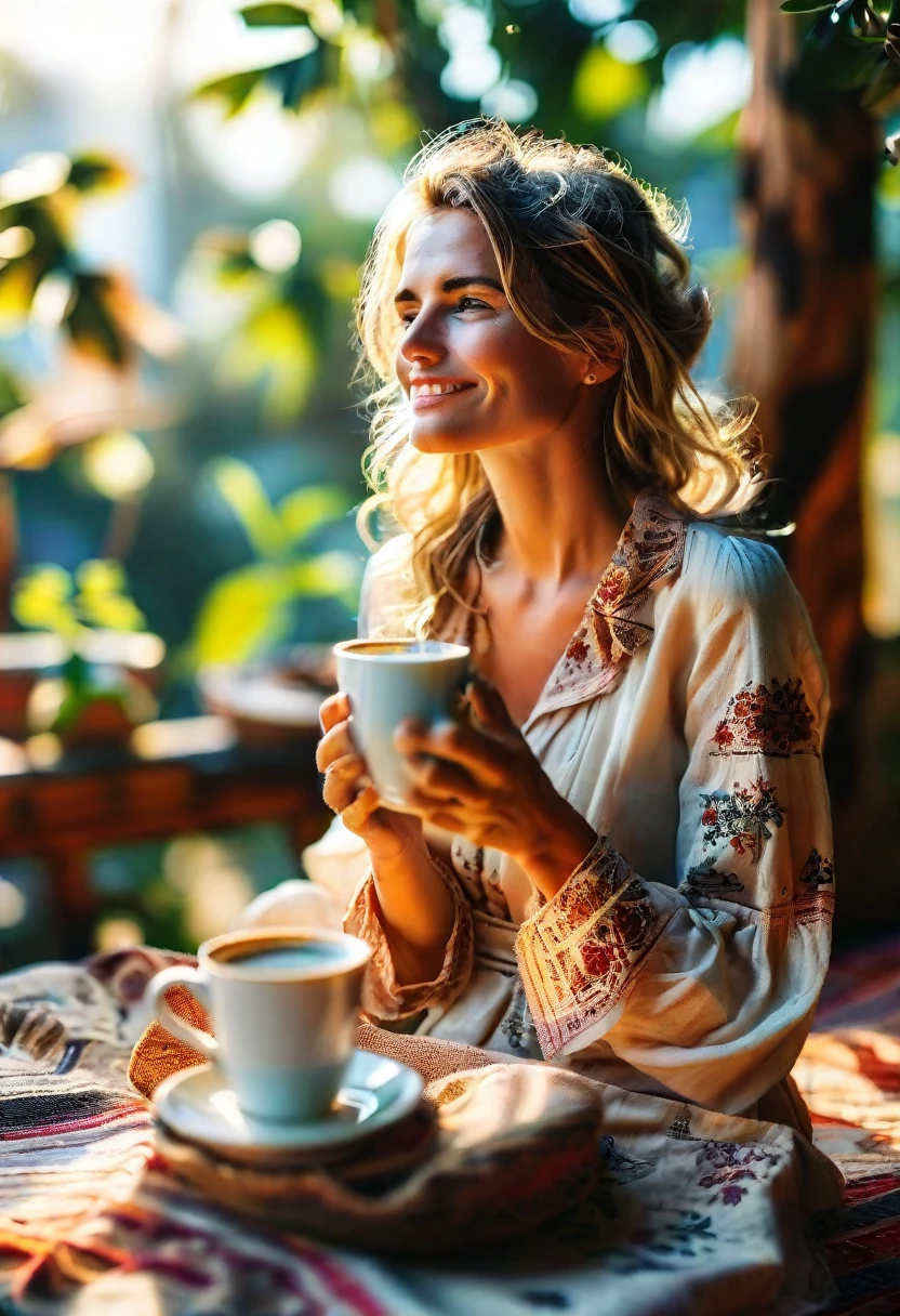 a woman enjoying a morning coffee, sitting on her sunna