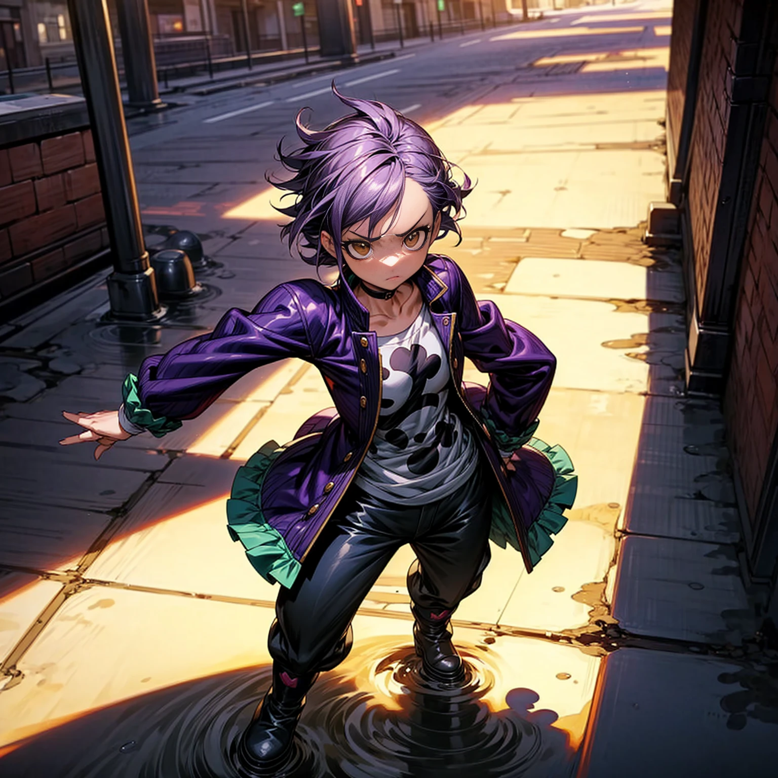 1character, full body version, character is  version, hazel eyes, dark purple colour hair, Shaggy hairstyle, clothing style is punk, boots, Grassroots background in city, motion blur, shadow, standing gesture, (one piece style art), Puddle 