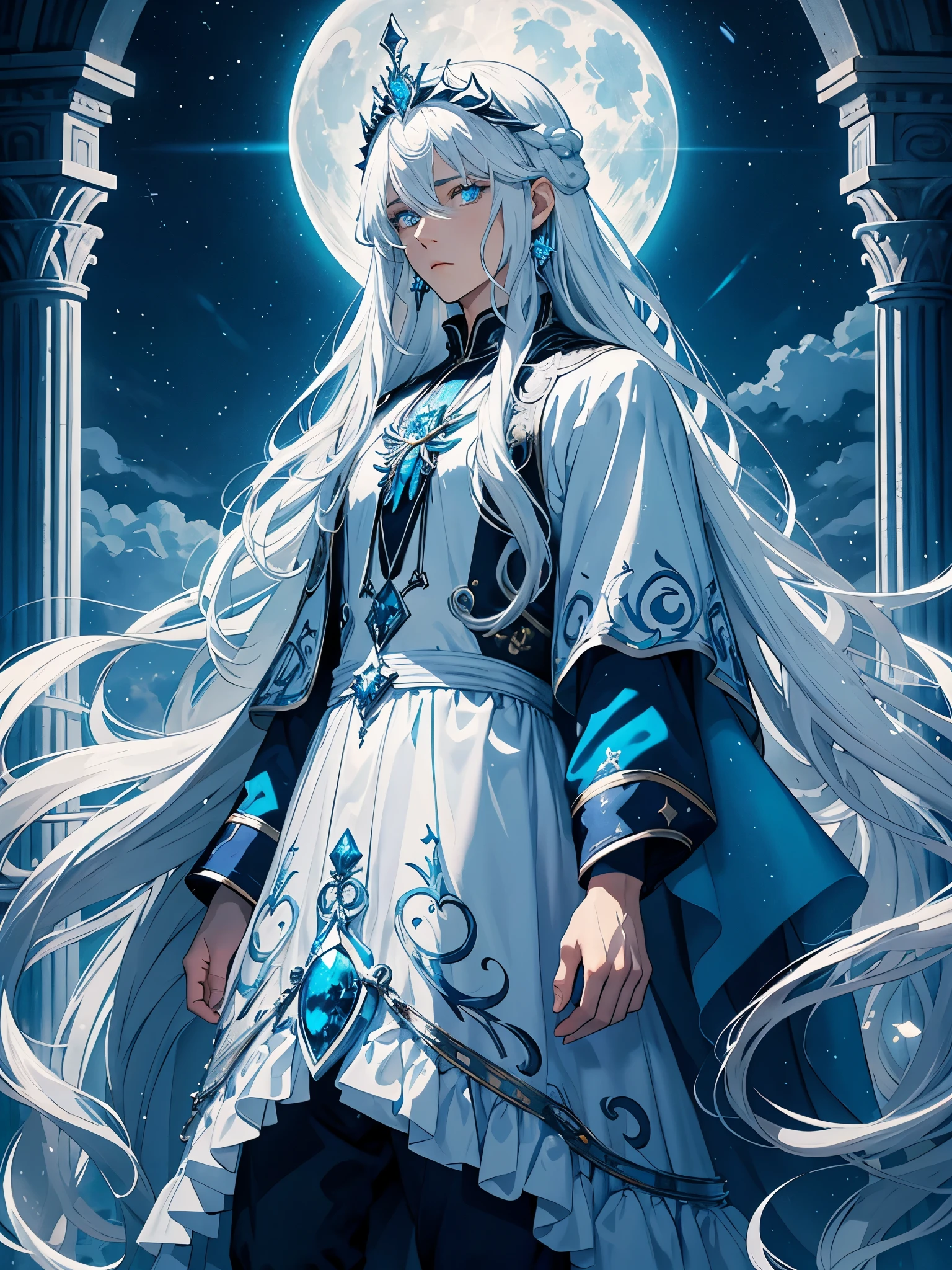 King of the moon. Long hair. long white hair. aquatic, boy, Goddess of the Moon, silver hair accessories, White hair, blue flowers. Blue lights. blue dress, cape, at night, saturated colors, light eyes, bright, light blue light, blue eyes, Jewelry silver