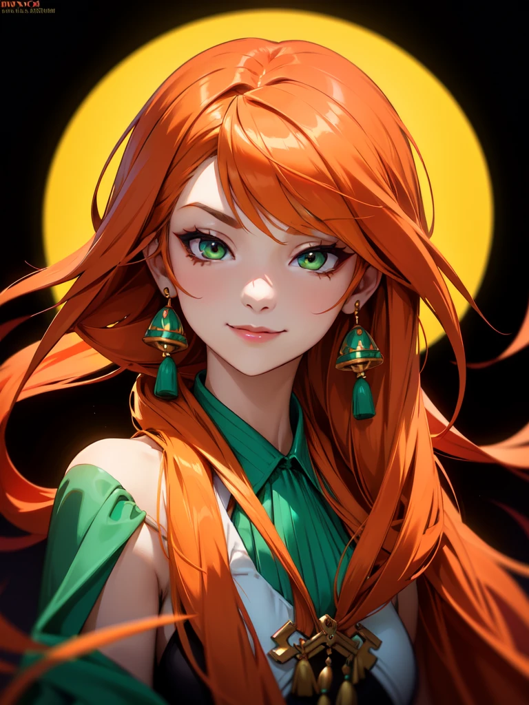 (((Portrait Photo))), She has a Vibrant, Energetic Appearance of a -Yeld, w a Confident and Lively Demeanor. Her Long, Flowing Orange Hair, Styled in Loose Layers, Cascades Down Her Back. Her Striking Green Eyes, Filled with a Playful and Mischievous Glint, Stand Out against Her Fair Skin. She is Dressed in a Playful Romper in a Vibrant Pattern, Worn with Tassel Earrings. Her Expression is Confident and Inviting, with a Subtle Smirk that Hints at Her Spirited Personality. (((High Quality, Dark Background))), (((Portrait Photo)))