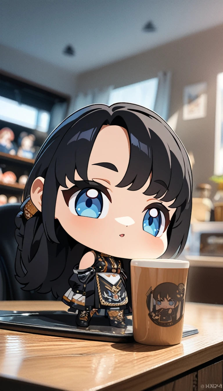 (masterpiece), best quality, ultra-detailed, 1024k UHD wallpaper, ultra-high resolution, depth of field, HDR, (extremely detailed CG 1024k wallpaper), Detailed face, Detailed Clothes, Ultra HD Photo, 1girl, image on cup, 90's style, short black hair, blue eyes, chibi, (newest anime art style)