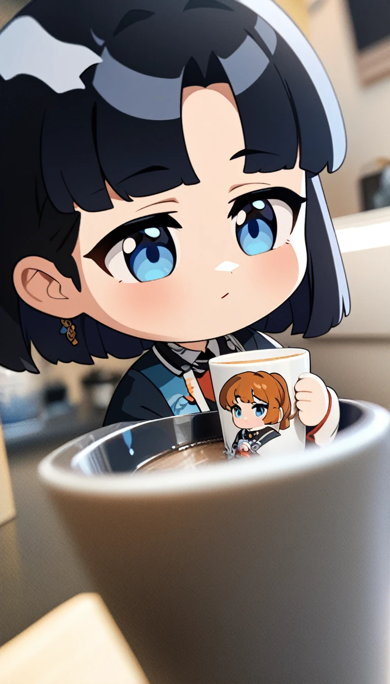 (masterpiece), best quality, ultra-detailed, 1024k UHD wallpaper, ultra-high resolution, depth of field, HDR, (extremely detailed CG 1024k wallpaper), Detailed face, Detailed Clothes, Ultra HD Photo, 1girl, image on cup, 90's style, short black hair, blue eyes, chibi, (newest anime art style)