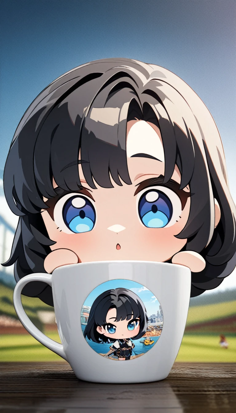 (masterpiece), best quality, ultra-detailed, 1024k UHD wallpaper, ultra-high resolution, depth of field, HDR, (extremely detailed CG 1024k wallpaper), Detailed face, Detailed Clothes, Ultra HD Photo, 1girl, image on cup, 90's style, short black hair, blue eyes, chibi, (newest anime art style)