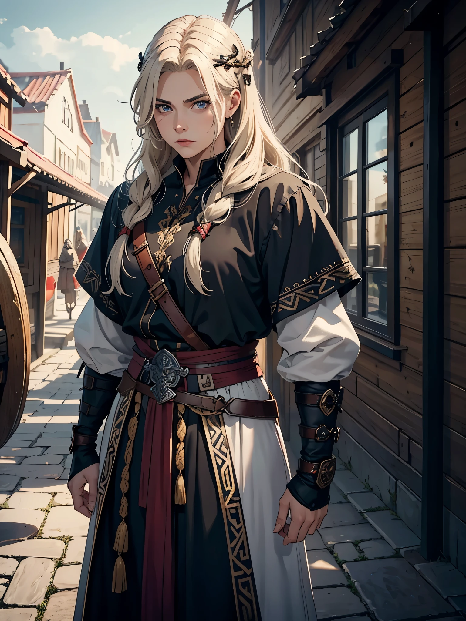 Masculine woman. Powerful. Viking hair accessories. Vikinger sidecut frisur. Nuskeln Magnificent Robe. Nordic viking woman with ashblonde hair. With löwen.