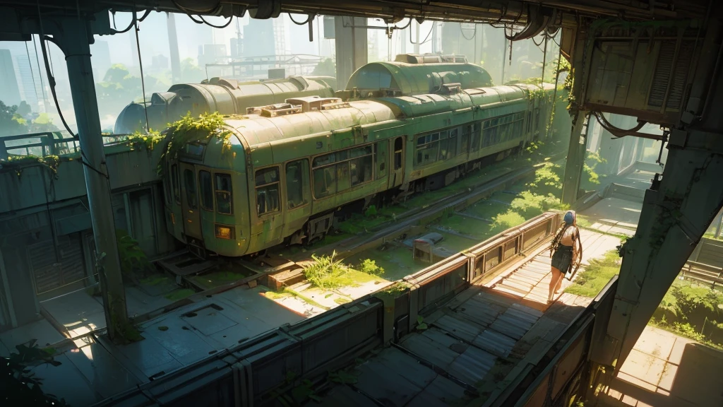 a large abandoned futuristic train station interior, overgrown with lush plants, view from above, canary bird, highly detailed, intricate architecture, warm lighting, cinematic, epic scale, photorealistic, 8k, masterpiece