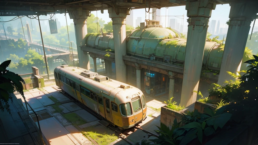 a large abandoned futuristic train station interior, overgrown with lush plants, view from above, canary bird, highly detailed, intricate architecture, warm lighting, cinematic, epic scale, photorealistic, 8k, masterpiece