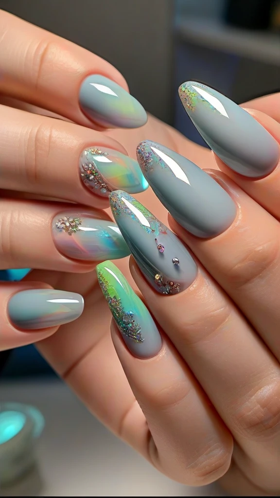 colorful and detailed nails, complex nail art, various nail designs, shiny metallic nails, neon glitter nails, holographic nail polish, 3d nail decorations, nails embellished with precious stones, abstract nail art patterns, vibrant ombre nails, (best quality, 4k, 8k, high resolution, masterpiece:1.2), ultra-detailed, (realistic, photorealistic, photo-realistic:1.37), macro photography, studio lighting, professional nail salon