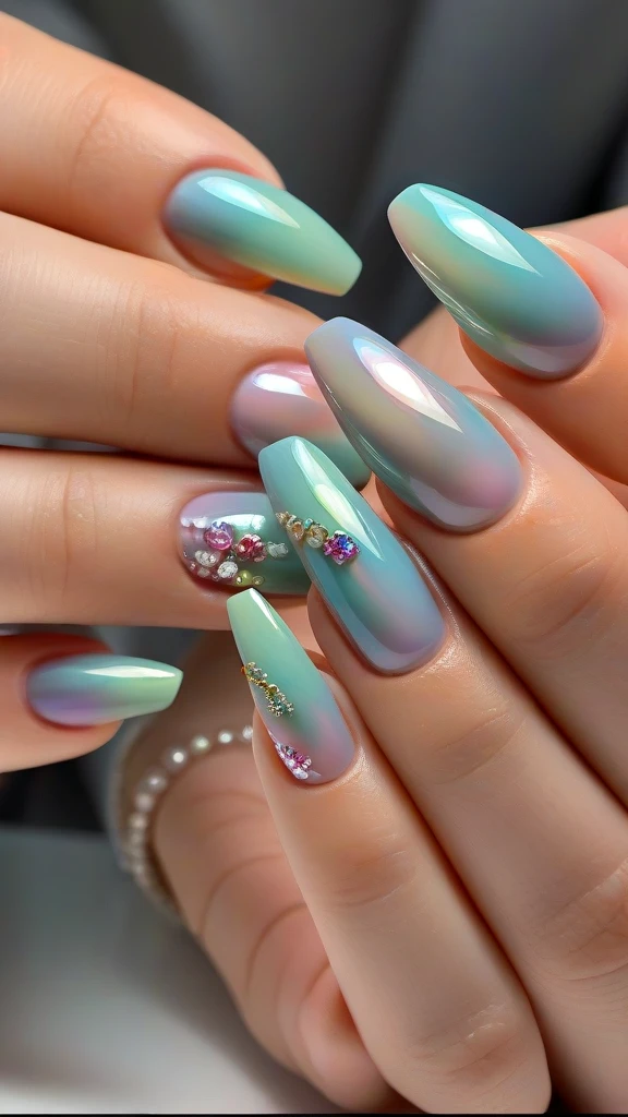 colorful detailed nails, intricate nail art, multiple nail designs, shiny metallic nails, neon glitter nails, holographic nail polish, 3d nail decorations, gemstone embellished nails, abstract nail art patterns, vibrant ombre nails, (best quality,4k,8k,highres,masterpiece:1.2), ultra-detailed, (realistic,photorealistic,photo-realistic:1.37), macro photography, studio lighting, professional nail salon