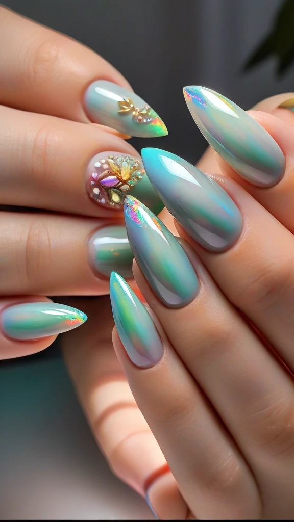 colorful detailed nails, intricate nail art, multiple nail designs, shiny metallic nails, neon glitter nails, holographic nail polish, 3d nail decorations, gemstone embellished nails, abstract nail art patterns, vibrant ombre nails, (best quality,4k,8k,highres,masterpiece:1.2), ultra-detailed, (realistic,photorealistic,photo-realistic:1.37), macro photography, studio lighting, professional nail salon