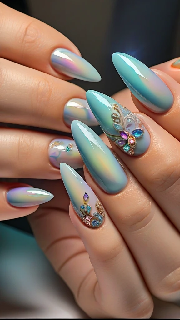 colorful detailed nails, intricate nail art, multiple nail designs, shiny metallic nails, neon glitter nails, holographic nail polish, 3d nail decorations, gemstone embellished nails, abstract nail art patterns, vibrant ombre nails, (best quality,4k,8k,highres,masterpiece:1.2), ultra-detailed, (realistic,photorealistic,photo-realistic:1.37), macro photography, studio lighting, professional nail salon