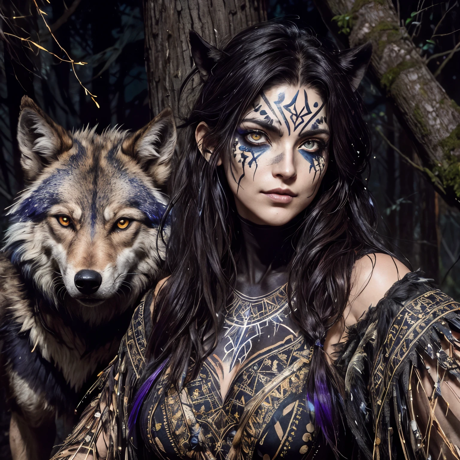 ncient Greek huntress Commanding a wolf pack and ravens, Messy feral hair, glowing wild eyes with glowing face paint. Moonlit forest background. Deep, rich colors and intricate details. Carne Griffiths and Charles Vess
