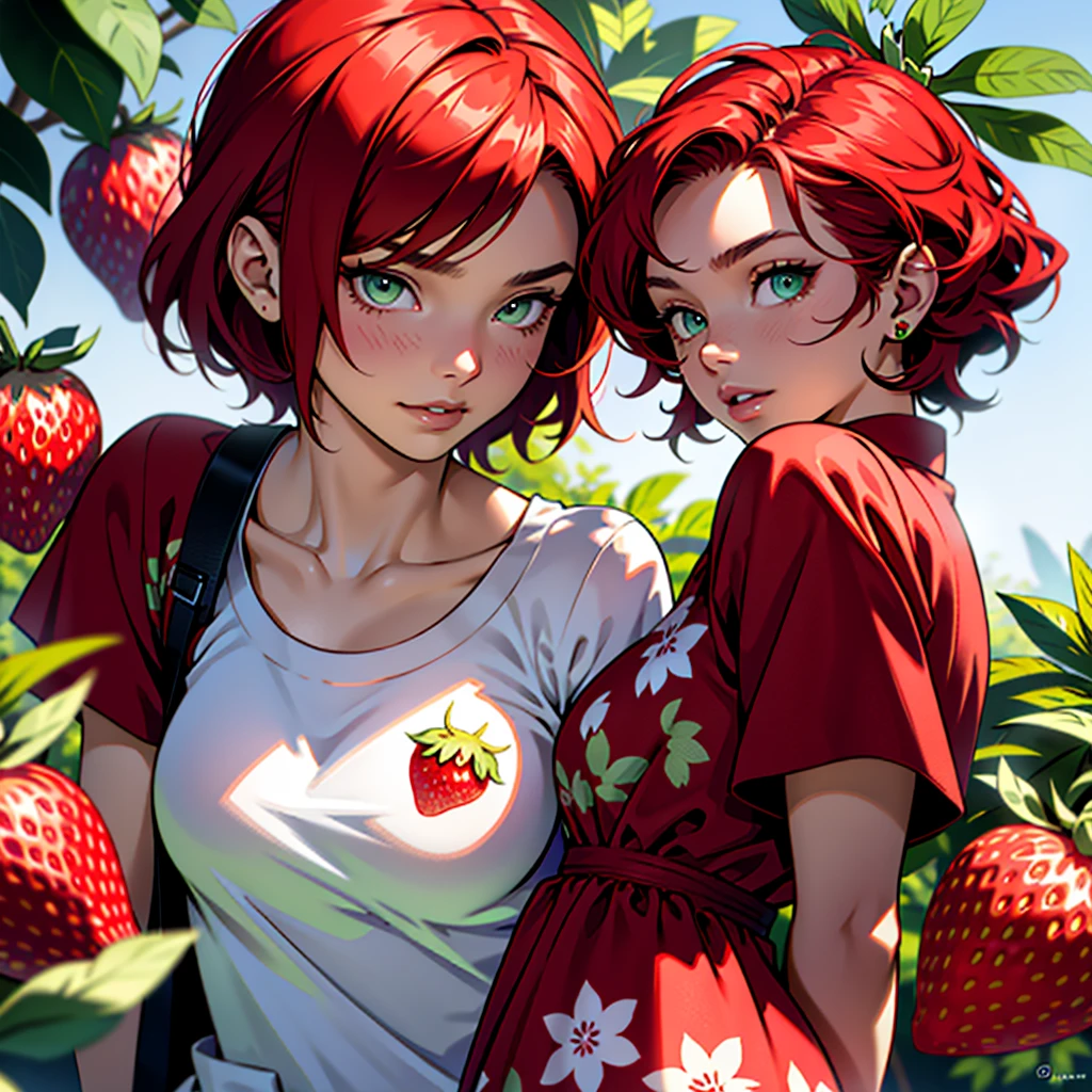 A red-haired girl, with green eyes, dressed in a strawberry print