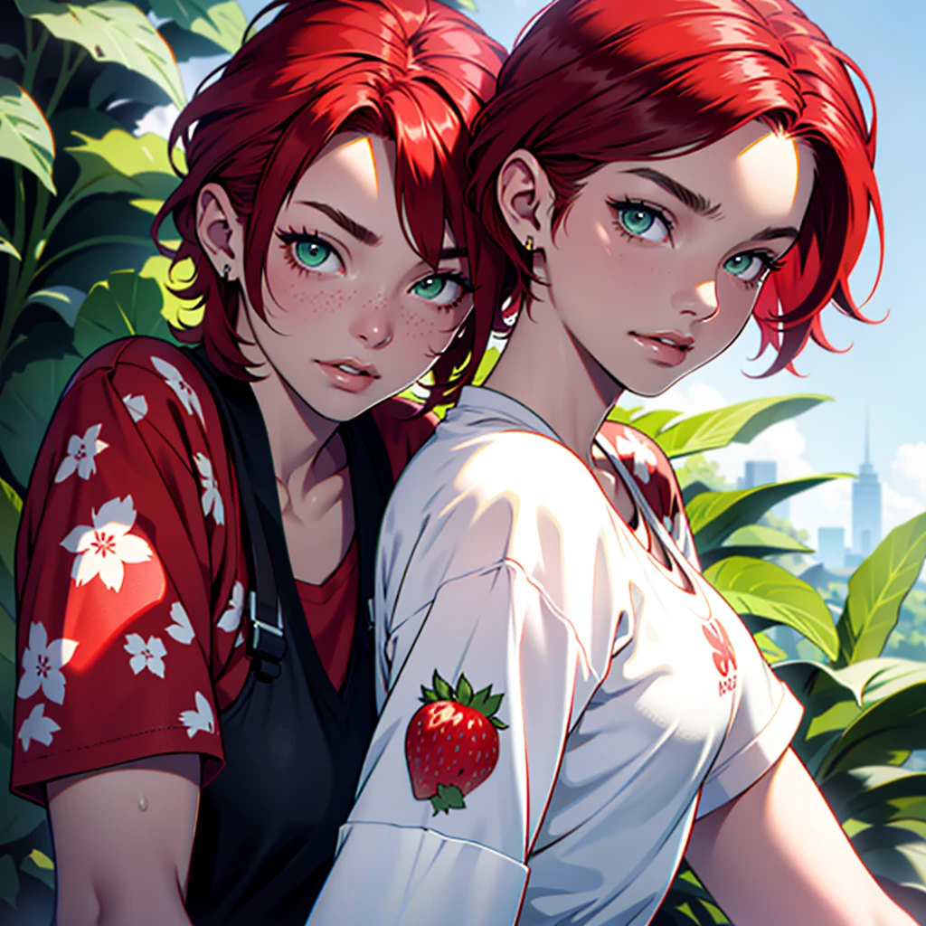 A girl with short red hair, with green eyes, dressed in a strawberry print