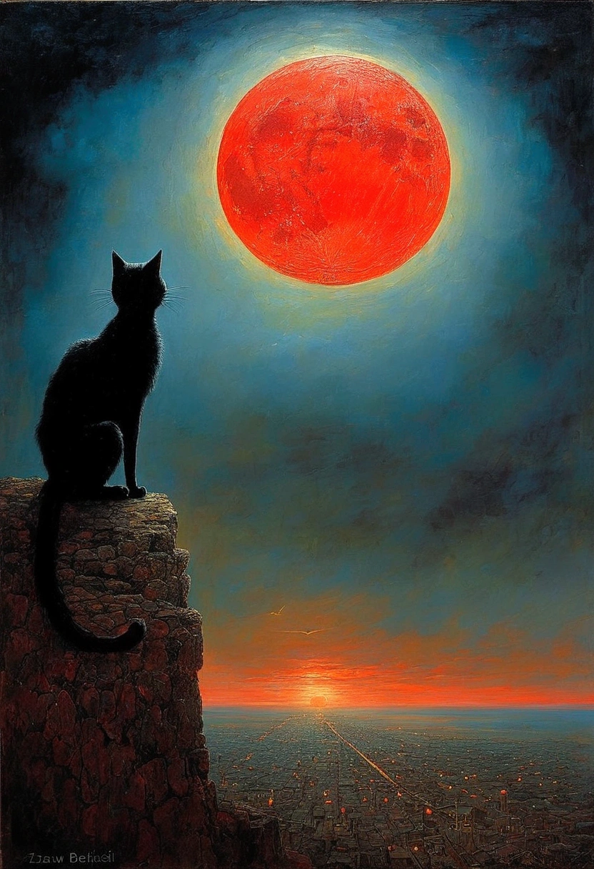 black cat, author:Zdzislaw Beksiński、Big Eye in the Sky、Red Moon、girl