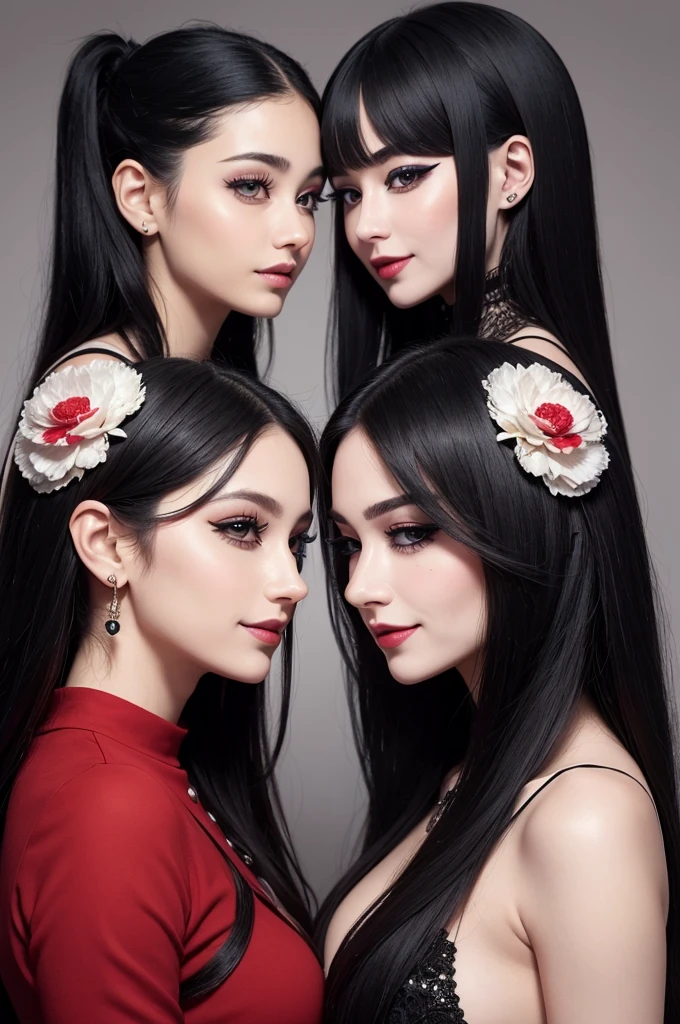 The image shows two people standing next to each other, with your faces side by side. The person on the left has eye makeup with black eyeliner and a nose ring. The person on the right is smiling slightly and also has eye makeup with black eyeliner. Both people are wearing red clothes. The image conveys a feeling of closeness and affection between the two people.