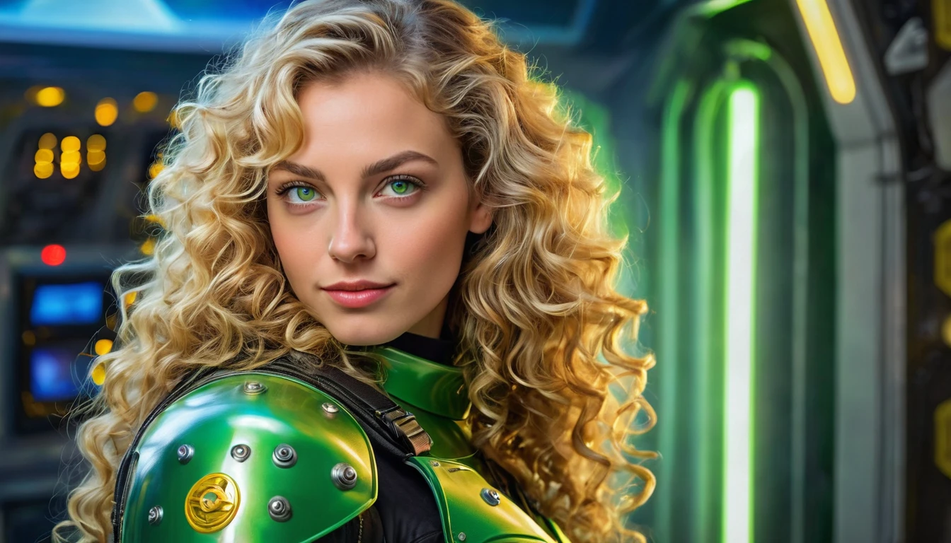 realistic acrylic art, vivid colors, lateral back point of view, a beautiful european woman with long curly blonde hair, green eyes, looking at the viewer with suspicious face and a shy smile, she wears incolor plastic tight armor, gloves, adjusting a sophisticated belt, dramatic yellow lights, background space station