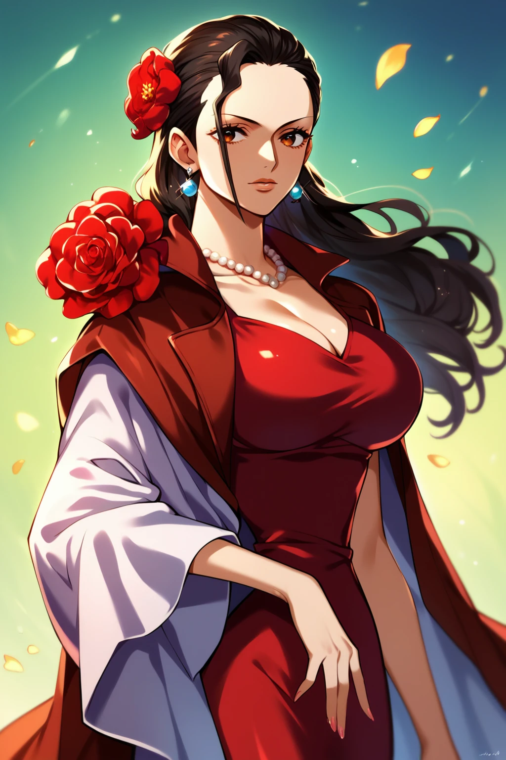 score_9,score_8_up,score_7_up,score_9,score_8_up,score_8,ultra detailed,beautiful face,highres BREAK ViolaOP,1girl,solo,long hair,large breasts,brown eyes,black hair,red dress,jacket,necklace,hair flower,pearl necklace,necklace,hair slicked back,earrings,cape on shoulders, cowboy shot,