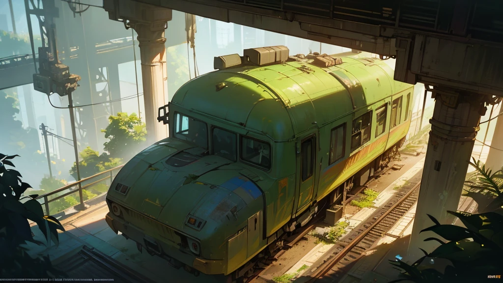 a large abandoned futuristic train station interior, overgrown with lush plants, view from above, canary bird, highly detailed, intricate architecture, warm lighting, cinematic, epic scale, photorealistic, 8k, masterpiece
