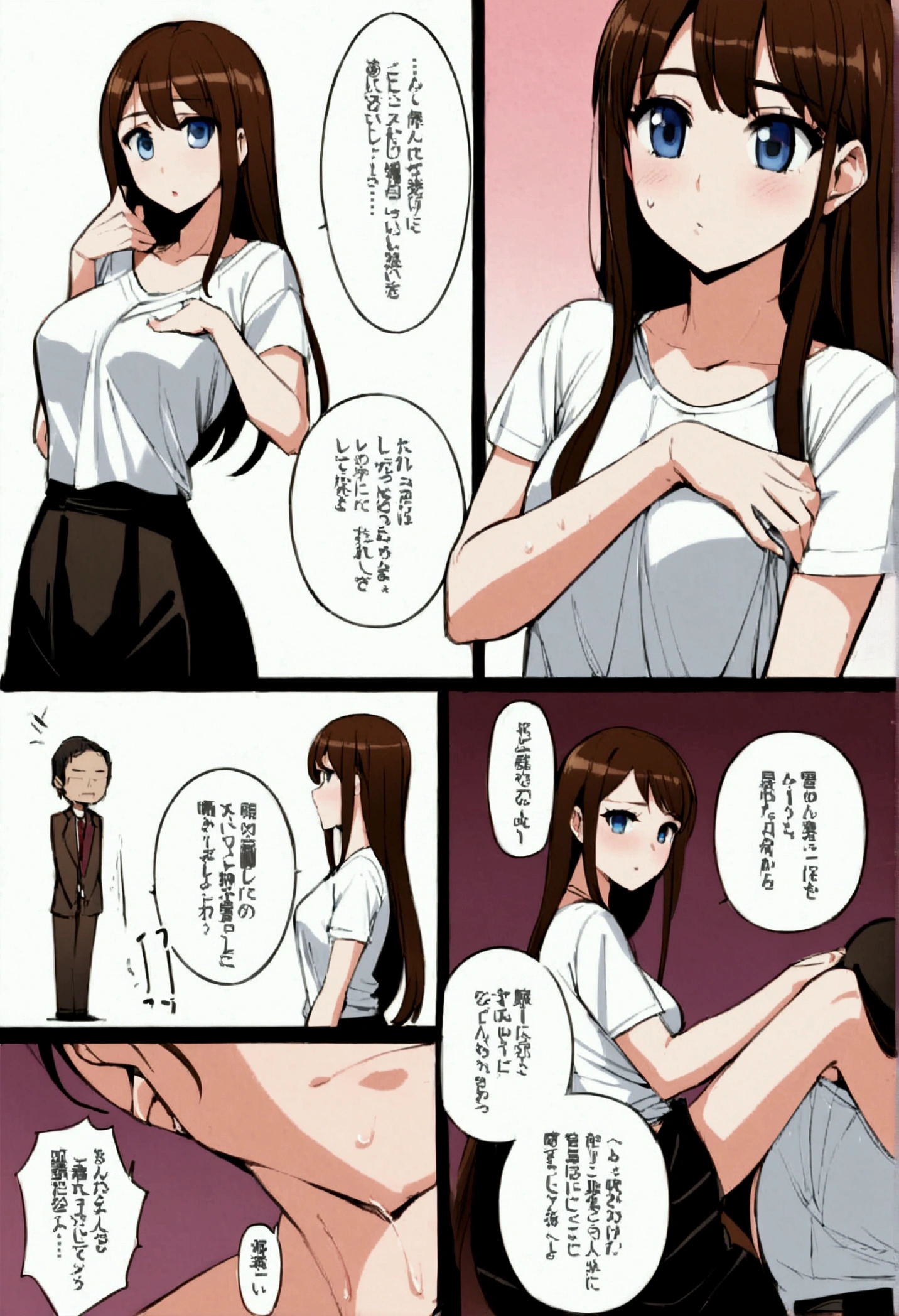 1 man 1 girl Manga comics sensual brunette Straight and loose hair, blue eyes wet white t-shirt, black skirt in sensual pose, she teaches self-defense on her knees with a wooden dummy (big-ass) (wet tshirt) (highy detailed) (conceptual artwork) (sleeved) (アニメ) (a tie) (rosto アニメ detalhado) (comics)