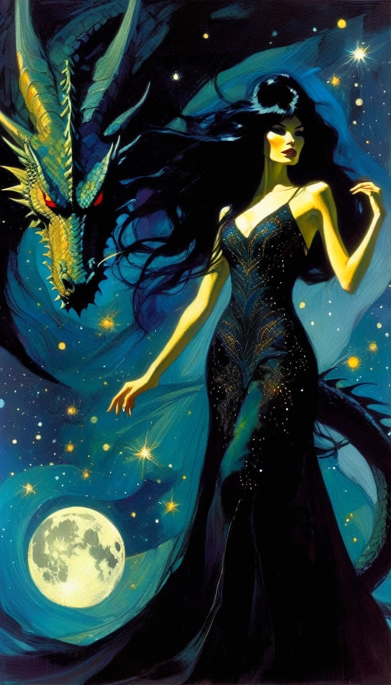 woman and giant dragon, woman with long, sexy black hair, wearing an embroidered dress whose fabrics fly across the image,magic, fantastic, night sky, moon, stars, background, (simple oil painting in a style to Bill Sienkiewicz)