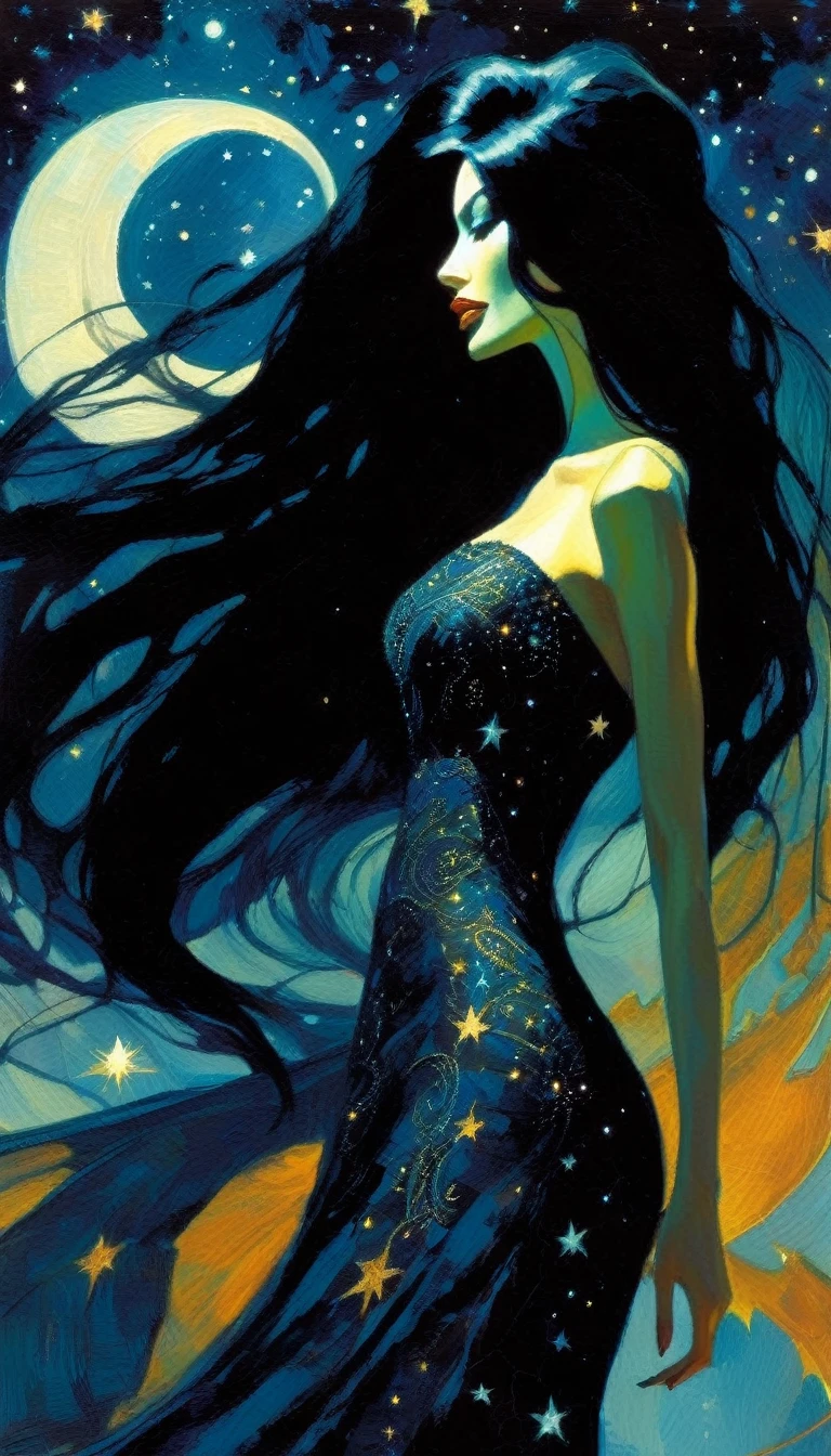 woman and giant dragon, woman with long, sexy black hair, wearing an embroidered dress whose fabrics fly across the image,magic, fantastic, night sky, moon, stars, background, (simple oil painting in a style to Bill Sienkiewicz)