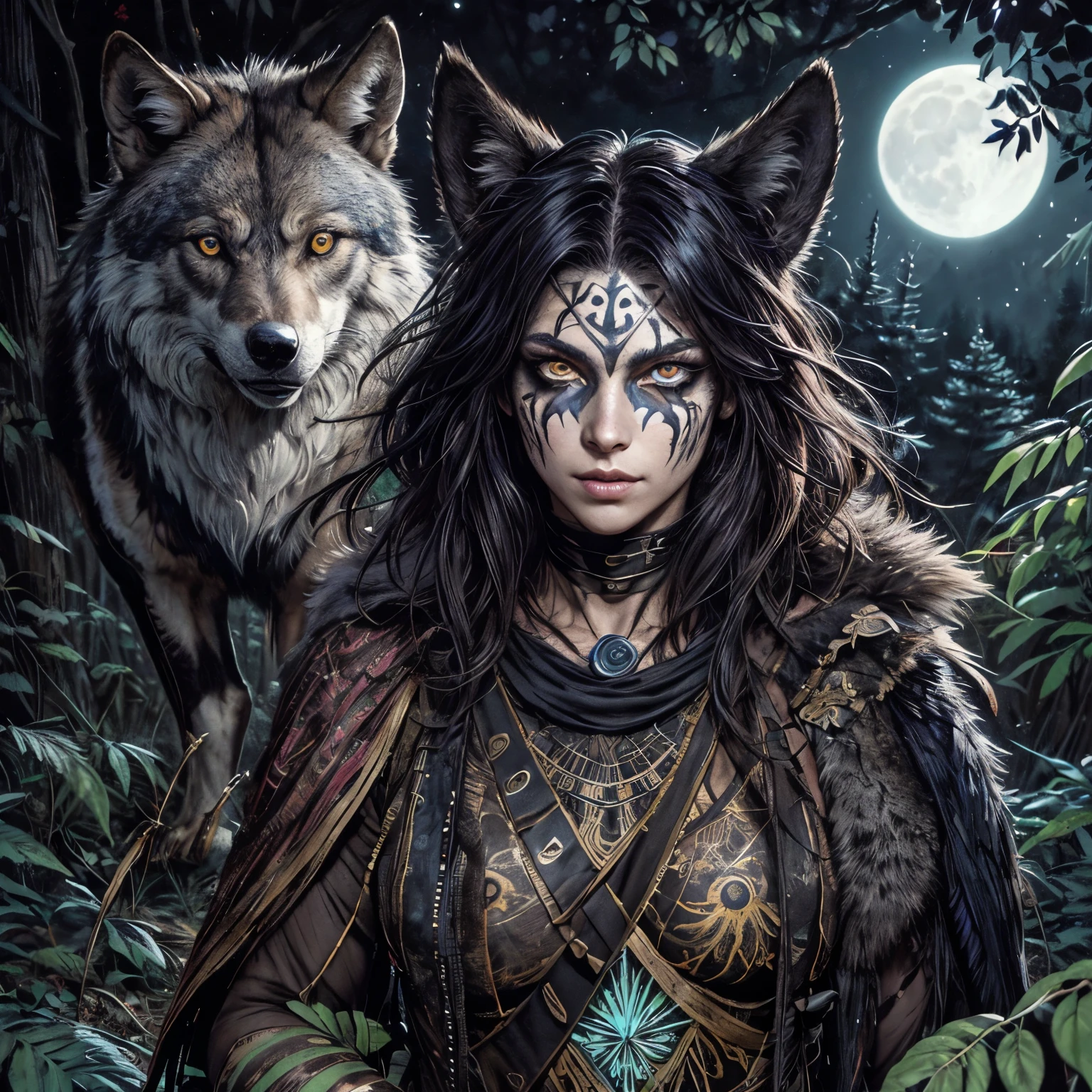 ncient Greek huntress Commanding a wolf pack and ravens, Messy feral hair, glowing wild eyes with glowing face paint. Moonlit forest background. Deep, rich colors and intricate details. Carne Griffiths and Charles Vess