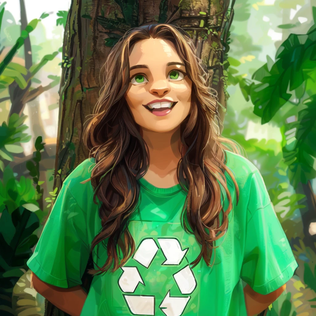 arafed woman in green shirt standing next to a tree with a recycle sign on it, green clothing, green clothing, green shirt, wearing green clothing, retrato environmental, environmental, isabela moner, sustainability, recycled, environmental portrait, sustainable, print ready, avatar image, friendly ambiance, casual green clothing, cara verde, Kizi