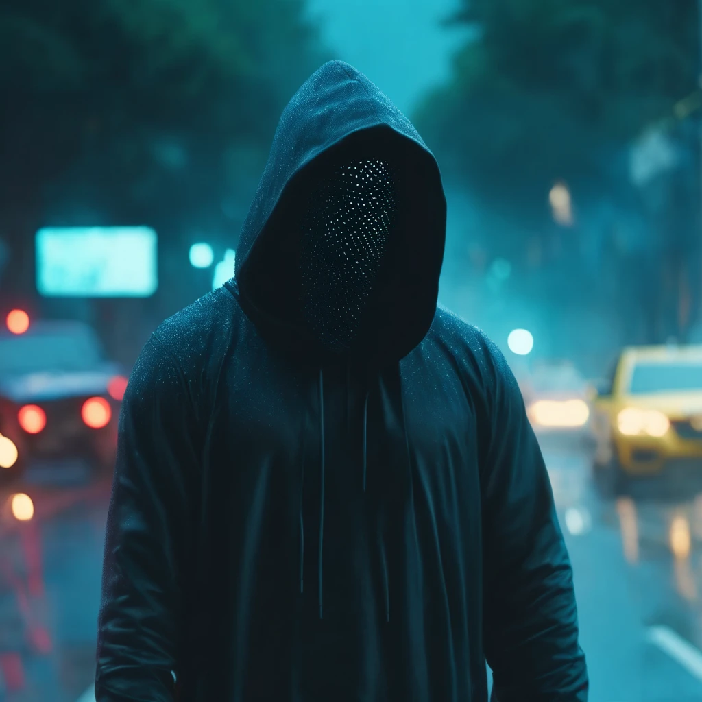 "cinematic still, medium shot on ARRI Alexa 35, a rapper hooded figure using chaos magic, low-key color grading, hyper-realistic pop, busy road, indian city 2024