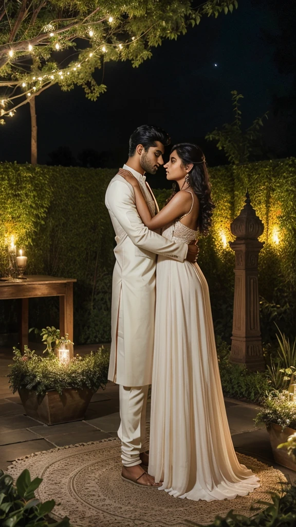 a Beautiful Indian couple of handsome men and beautiful women, romantic pose, in big moon night, dinner in garden, soothing tones, muted colors, high contrast, (natural skin texture, hyperrealism, soft light, sharp, full body), Beautiful background,simple background,
INFO