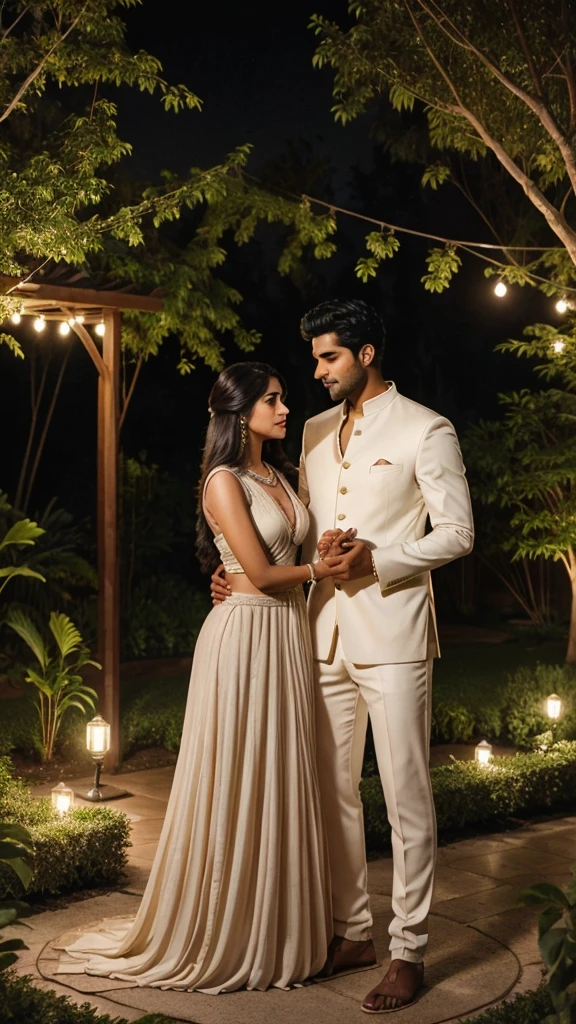 a Beautiful Indian couple of handsome men and beautiful women, romantic pose, in big moon night, dinner in garden, soothing tones, muted colors, high contrast, (natural skin texture, hyperrealism, soft light, sharp, full body), Beautiful background,simple background,
INFO